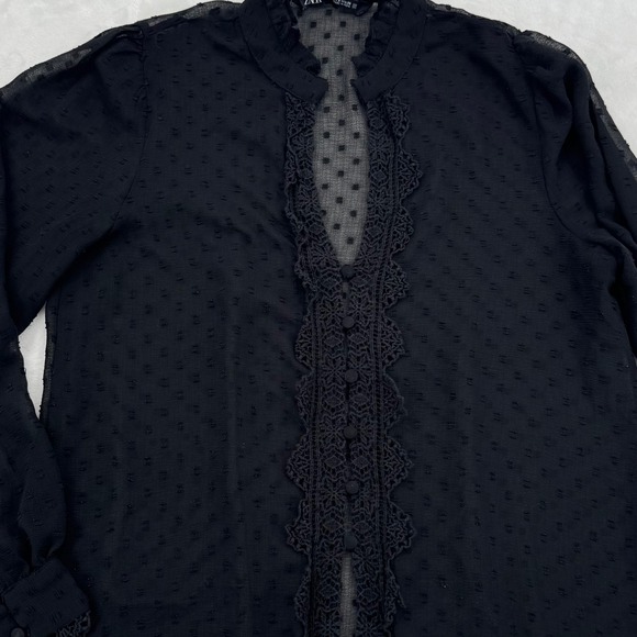 Zara Women Black Sheer Dobby Dot Lace Trim Ruffle Neck Button Front Blouse Small - Picture 4 of 6